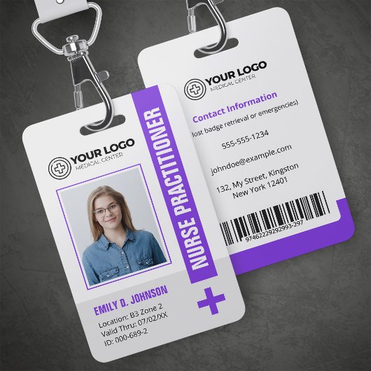 Paarse Nurse Practitioner NP foto en barcode Badge