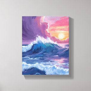 Paarse Oceaangolven Zonsondergang Aquarel Schilder Canvas Afdruk