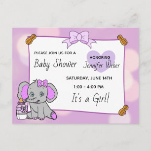 Paarse Olifant Meisje Baby shower Briefkaart