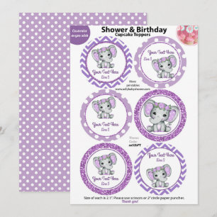 Paarse Olifant Meisje Cupcake Toppers, Baby shower Kaart