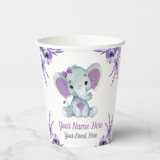Paarse Olifant Meisje Papier Cups Douche Verjaarda Papieren Bekers (Achterkant)