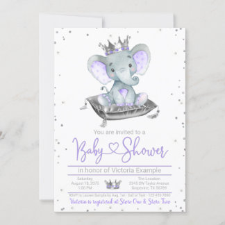 Paarse Olifant Prinses Baby Shower Uitnodiging