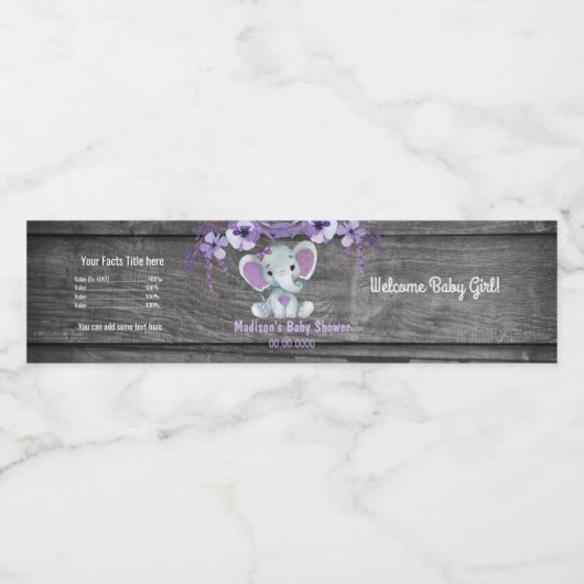 Paarse Olifant water flesetiket voor meisje Waterfles Etiket (Enkel label)