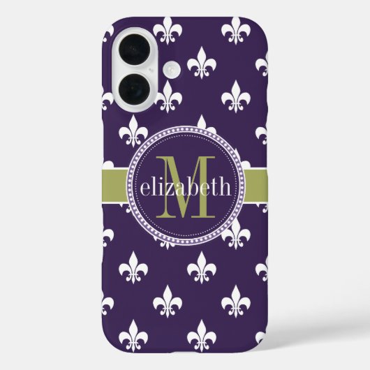Paarse Olijfgroene witte vloour de Lis Monogram Case-Mate iPhone Case (Achterkant)