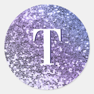 Paarse Ombre Klomp Glitter Monogram Ronde Sticker