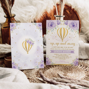 Paarse omhoog en weg hete luchtballon Baby shower Kaart