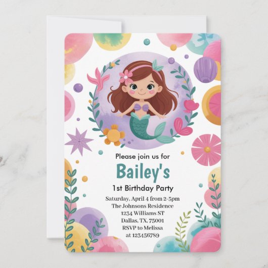 Paarse onder het Zee Zeemeermin 1e Verjaardagsfees Kaart (Voorkant)