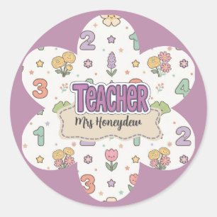 Paarse Onderwijzer School Nummers Patroon  Ronde Sticker