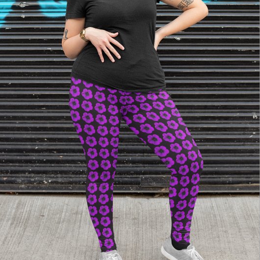 Paarse Ooievaarsbek op Zwarte Bloemmotief Leggings