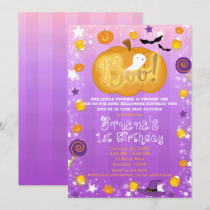 Paarse & Oranje 1e verjaardag Halloweenfeest Kaart