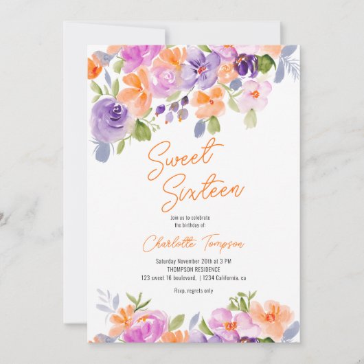  paarse oranje bloemenschrift Sweet 16 Kaart (Voorkant)