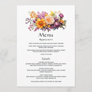 Paarse, oranje en gele bloemige gastdetails menu