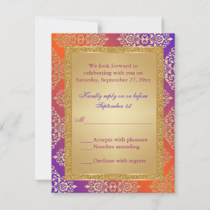 Paarse Oranje FAUX Gold Glitter, Damask RSVP-kaart RSVP Kaartje