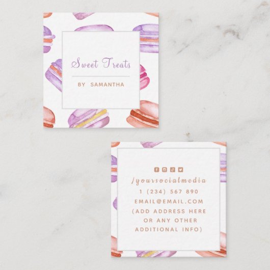 Paarse Oranje Macarons Patroon Franse Dessert Cool Vierkante Visitekaartje (Voorkant / Achterkant)