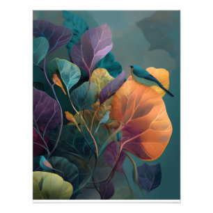 Paarse Oranje Tropische Vogels & Botanische Foto Afdruk