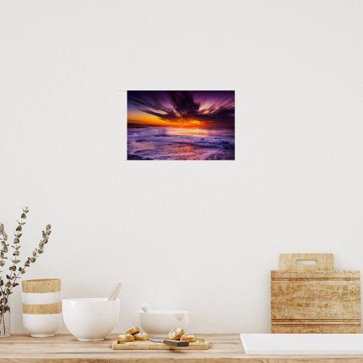 Paarse Oranje Zonsondergang Horizon Over Oceaan Poster (Keuken)