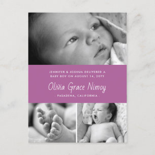 Paarse Orchid Birth Announounding Baby Foto Aankondigingskaart