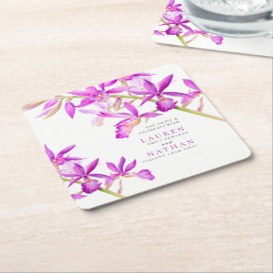 Paarse orchidee bloemen waterverf botanische bruil vierkante kartonnen onderzetter