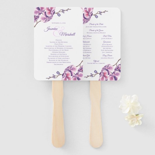 Paarse Orchidee bruiloft programma Handwaaier (Voorkant en achterkant)