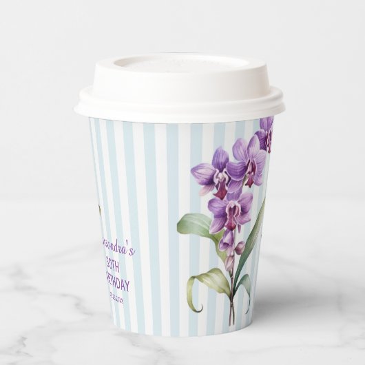 Paarse Orchidee Groene Strepen Bloemen 30e Verjaar Papieren Bekers (Links)