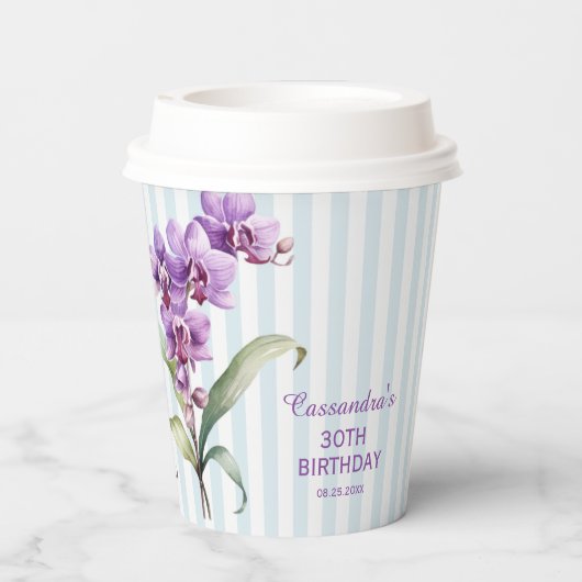 Paarse Orchidee Groene Strepen Bloemen 30e Verjaar Papieren Bekers (Achterkant)