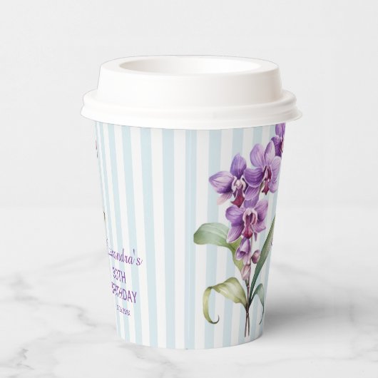 Paarse Orchidee Groene Strepen Bloemen 30e Verjaar Papieren Bekers (Rechts)