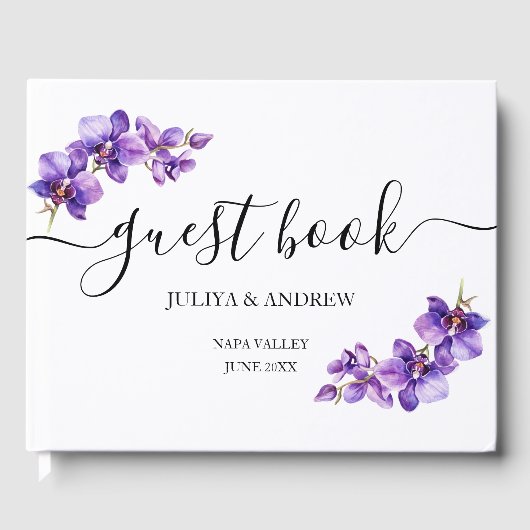 Paarse Orchidee in wit script bruiloft Gastenboek (Voorkant)