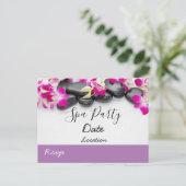 Paarse orchidee met zwarte hot stone spa party briefkaart (Staand voorkant)