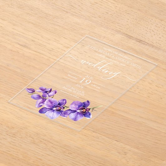 Paarse Orchidee Script bruiloft Acryl Uitnodigingen (Laagn)