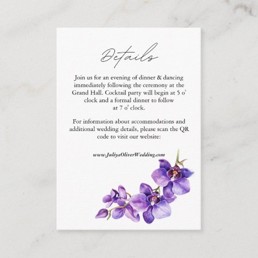 Paarse Orchidee script huwelijksdetails QR Informatiekaartje (Voorkant)