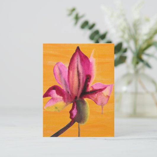 Paarse orchidee waterverf oranje pop briefkaart (Staand voorkant)