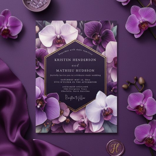 Paarse Orchidee Weelderige Romantische Bruiloft Kaart