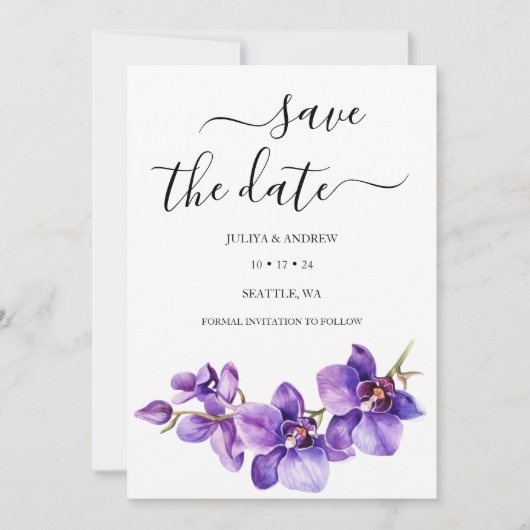 Paarse orchidee wit script unieke bruiloft save the date (Voorkant)