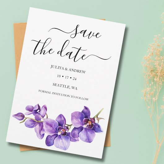 Paarse orchidee wit script unieke bruiloft save the date