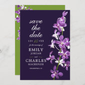 Paarse orchideeën, moderne legante bruiloft save the date (Voorkant / Achterkant)
