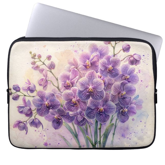 Paarse orchideeën tegen crème Waterverf Laptop Sleeve (Voorkant)