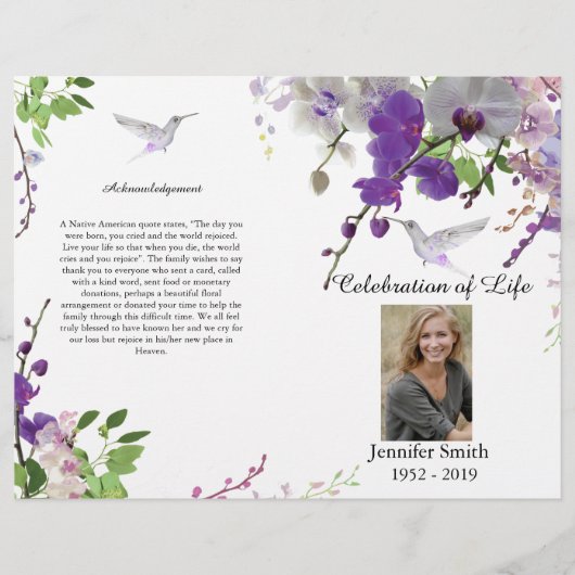 Paarse Orchids Hummingbird Funeral Program Flyer (Voorkant)