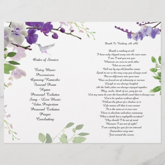 Paarse Orchids Hummingbird Funeral Program Flyer (Achterkant)