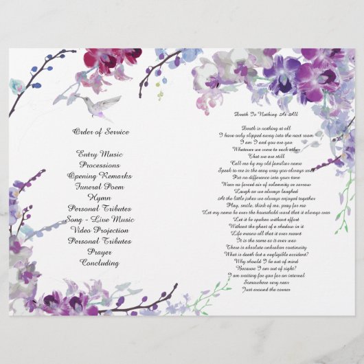 Paarse Orchids Hummingbird Funeral Program Flyer (Achterkant)