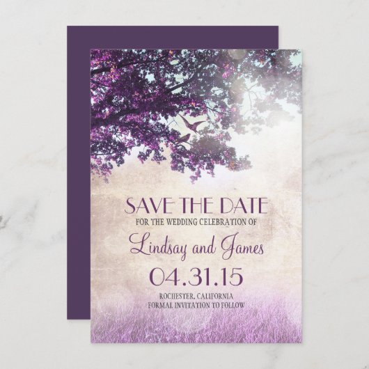 Paarse oude eikenboom romantisch Bewaar de datumka Save The Date (Voorkant / Achterkant)