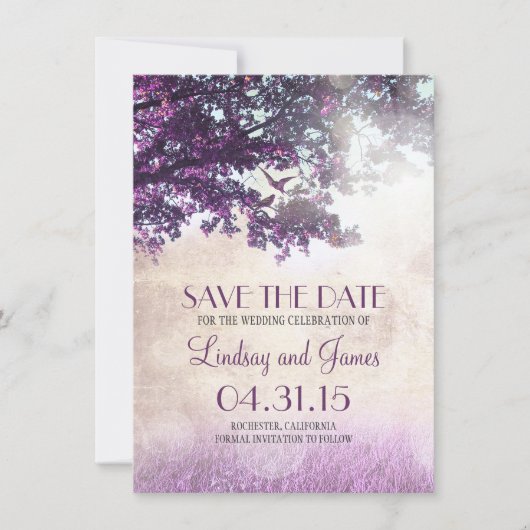 Paarse oude eikenboom romantisch Bewaar de datumka Save The Date (Voorkant)