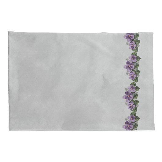 Paarse overschrijvingen op grijs kussensloop (Achterkant-Rechts)