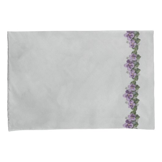 Paarse overschrijvingen op grijs kussensloop (Voorkant-Rechts)