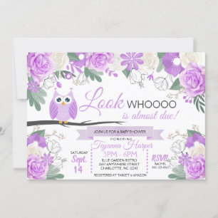 Paarse Owl Floral Baby shower Uitnodiging