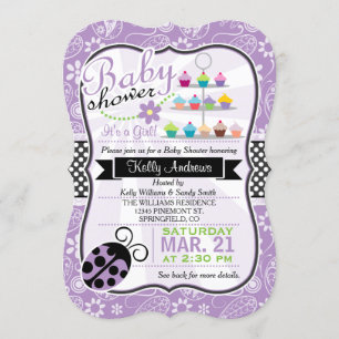 Paarse Paisley Ladybug Theme Girl Baby shower Kaart