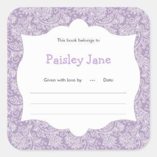Paarse Paisley Meisje Boek baby shower Bookplate Vierkante Sticker