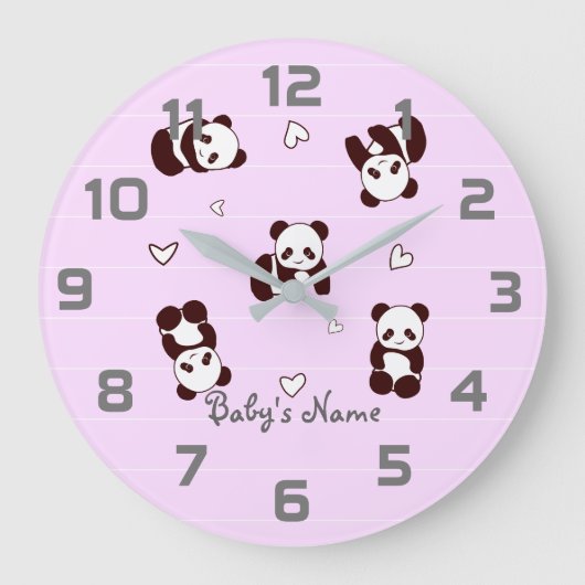 Paarse Panda Heart Nursery Decor Wall klok (Voorkant)