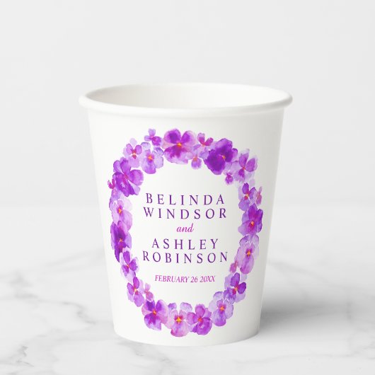 Paarse pansiebloem met waterverf bruiloft papieren bekers (Voorkant)
