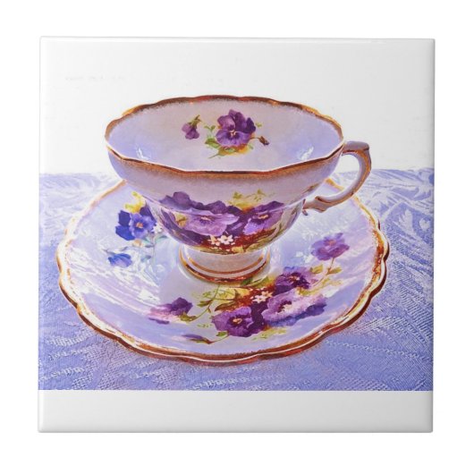 Paarse Pansies Tea Cup Tile Tegeltje (Voorkant)