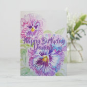 Paarse Pansy Art Waterverf Birthday Uitnodiging (Staand voorkant)